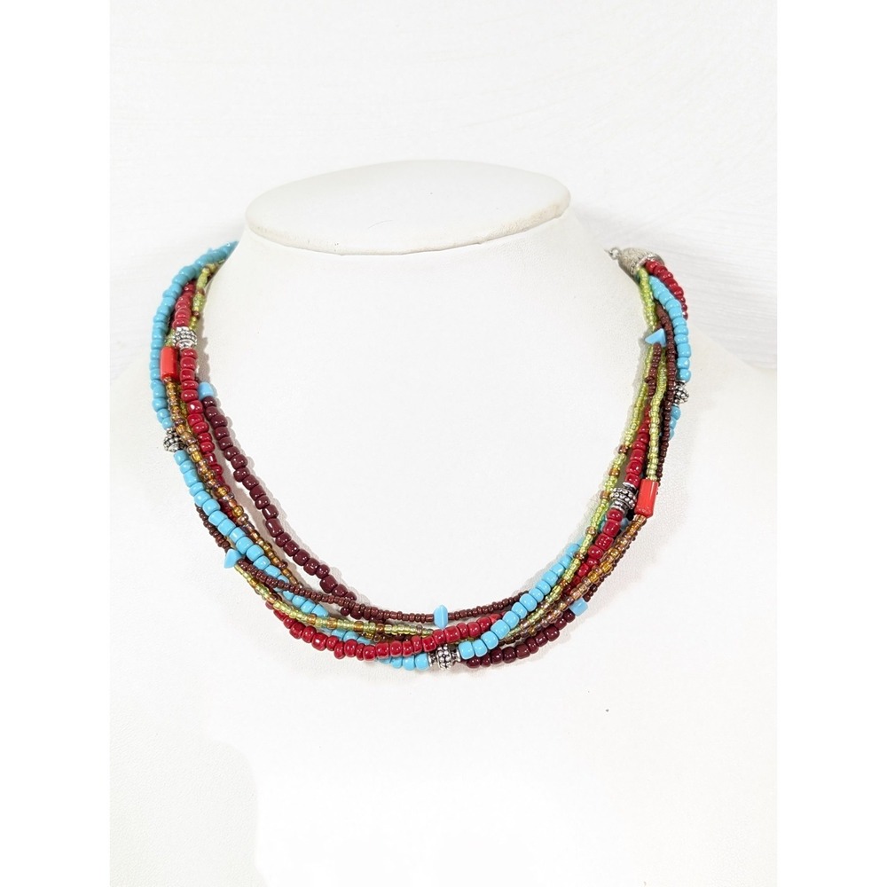 Boho Western Red Blue Faux Turquoise Bead Multi‎ Strand Necklace 18 in Glass